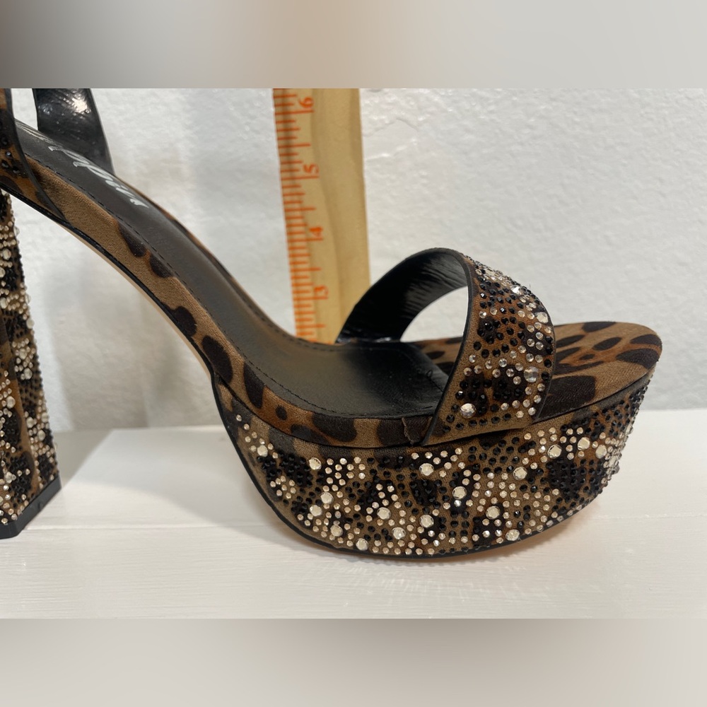 SIZE 11 - Leopard Print Platform Sandals with Rhinestone Accents - Brown - Picture 2 of 7